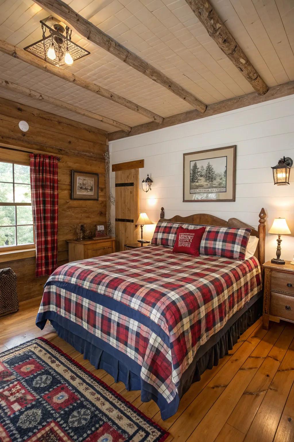A cabin bedroom showcasing checkered bedding and conventional designs.