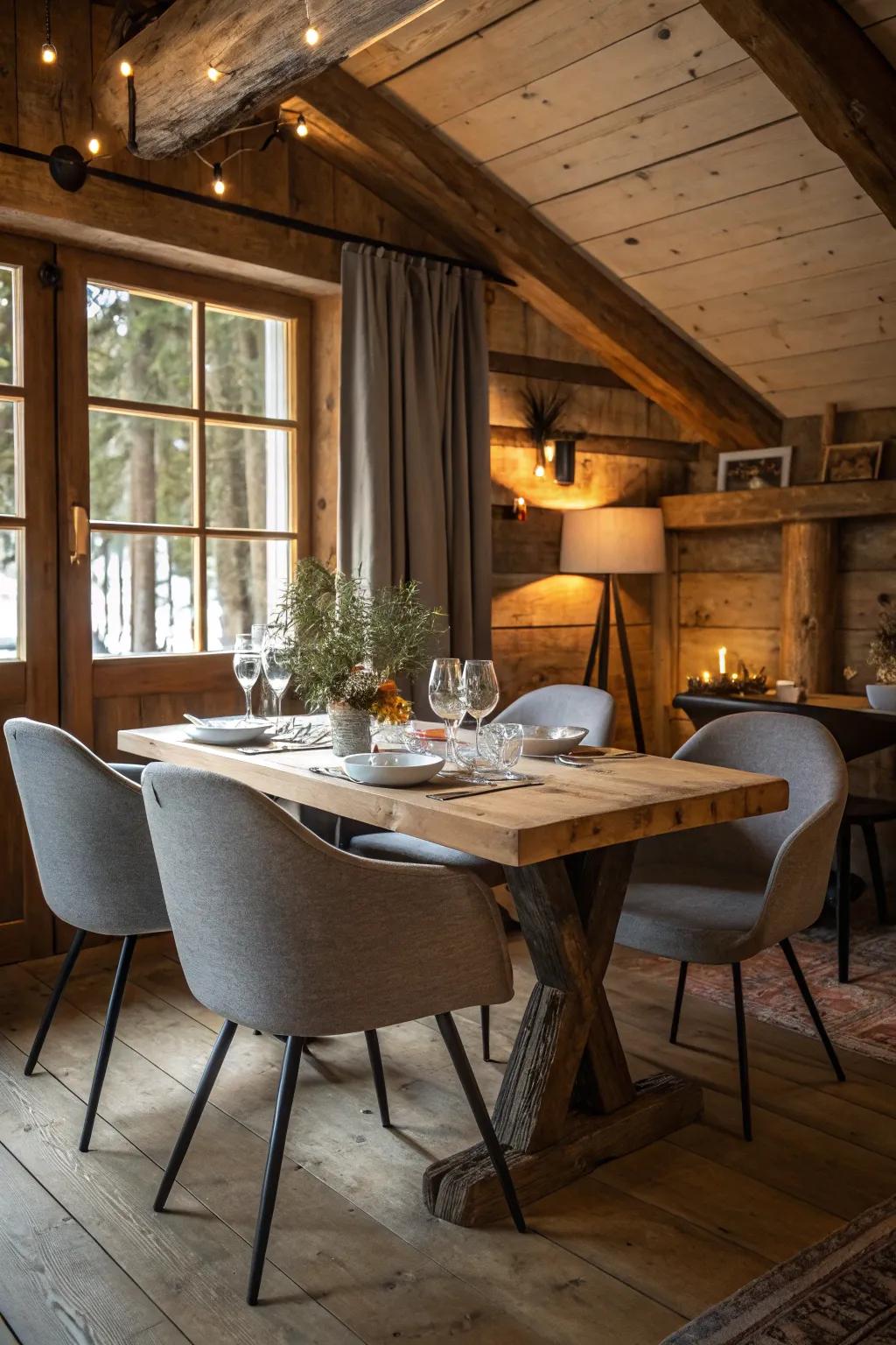 A harmonious combination of country and modern styles in the dining space.