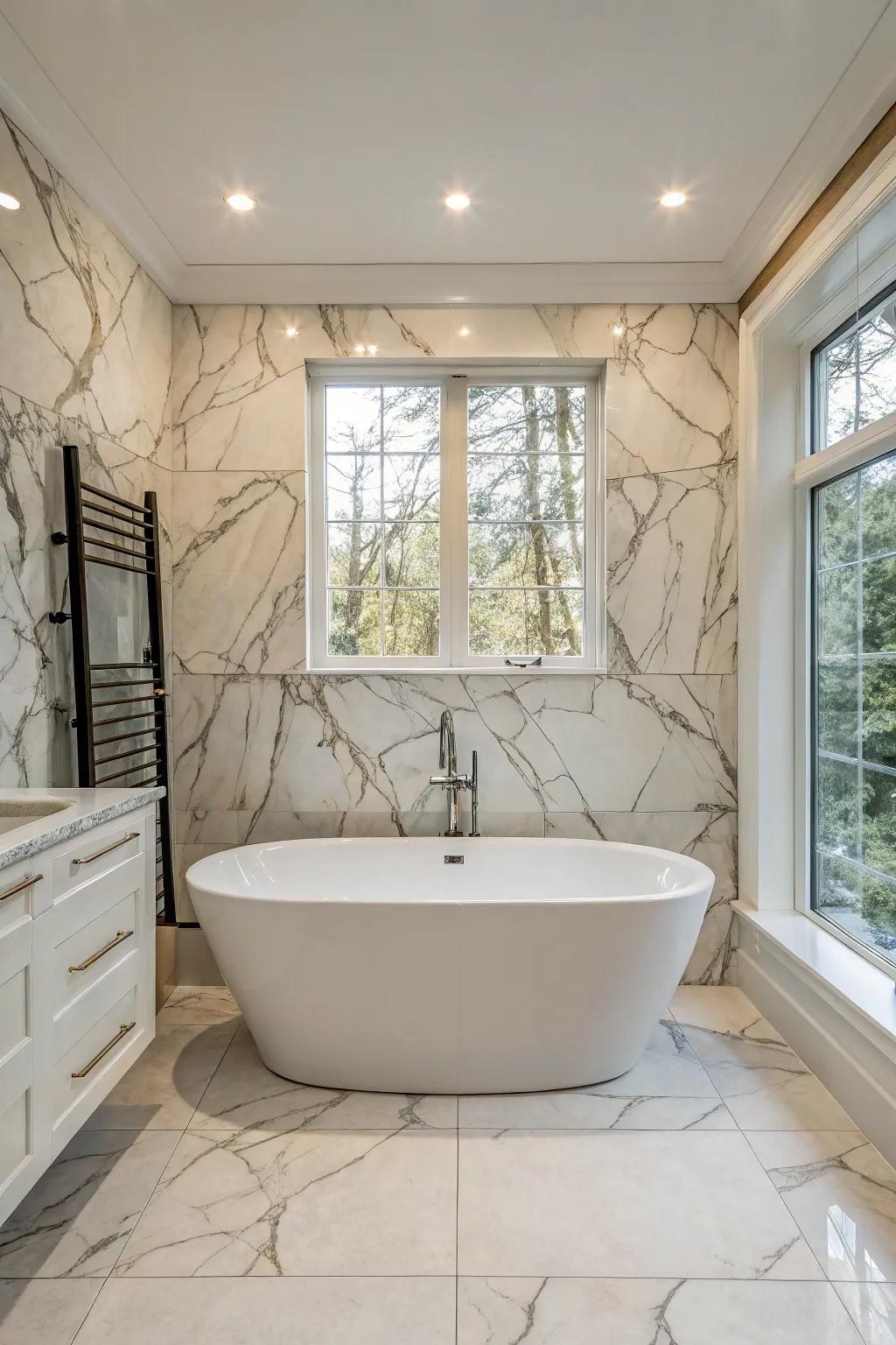 A spa-like bathroom showcasing a freestanding tub against Luminous Argento marble tiles.