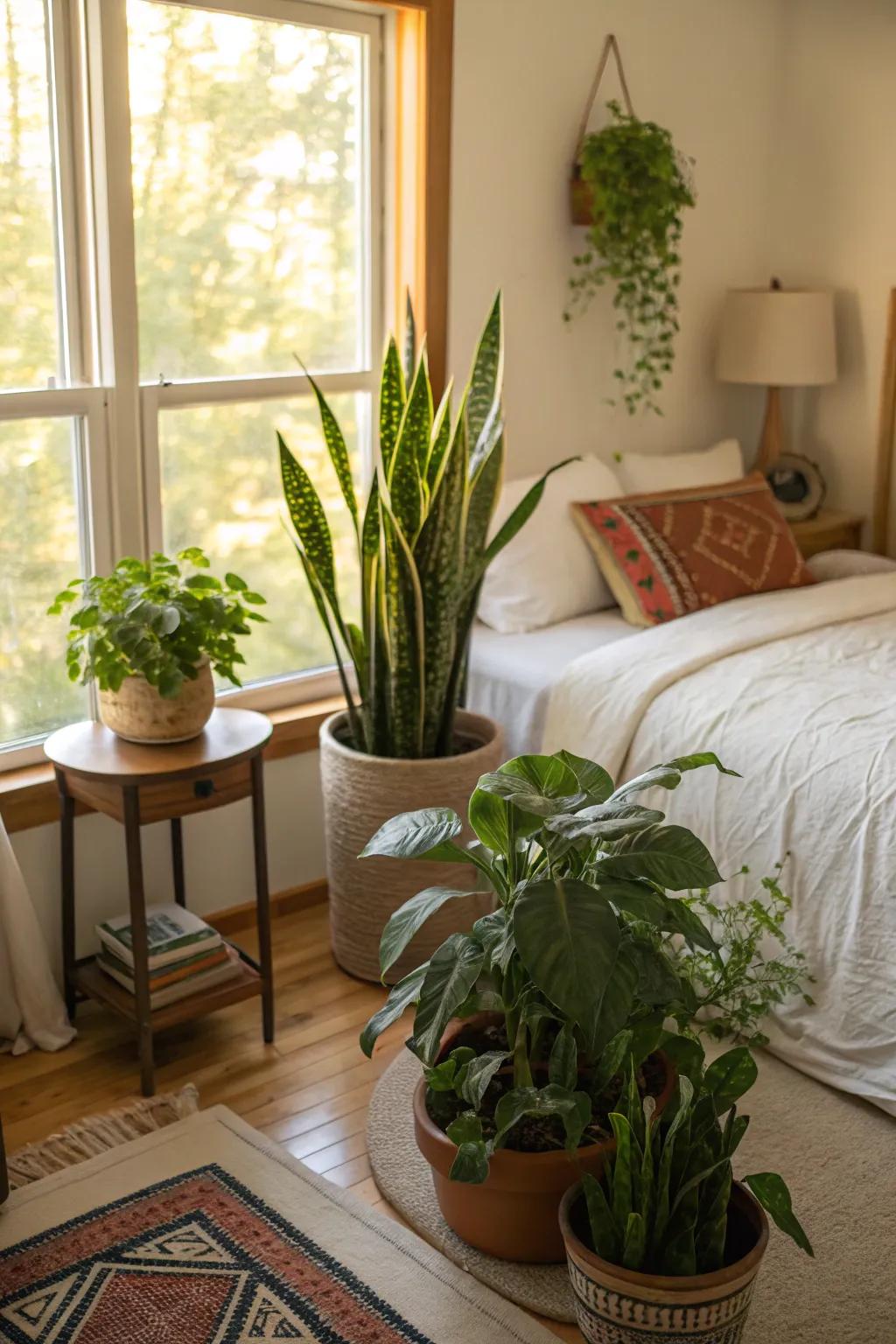 This bedroom features indoor plants like snake plants and potted greenery, enhancing the natural atmosphere.