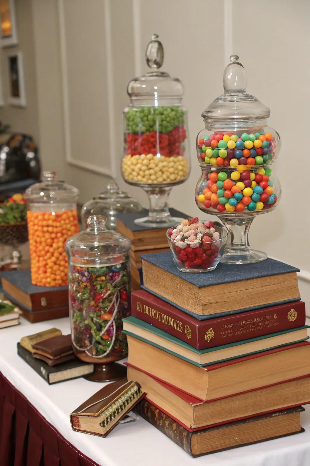 Using stacked books as risers adds visual appeal and sophistication to your candy presentation.