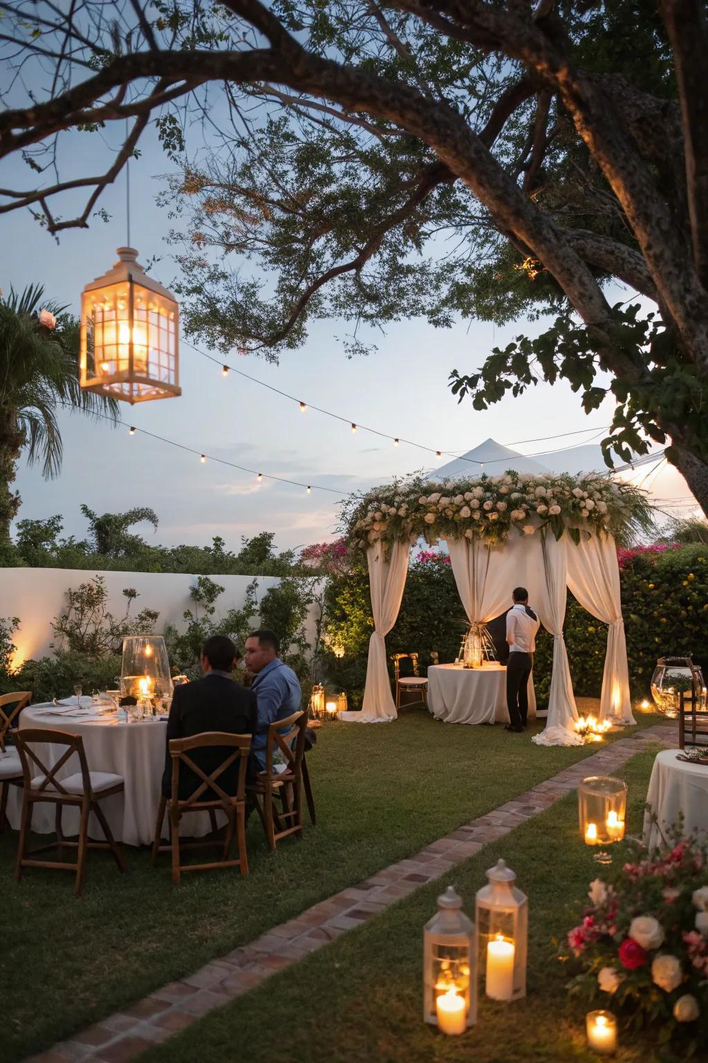 Taper candles and luminaries emit a cozy, intimate glow at the wedding.