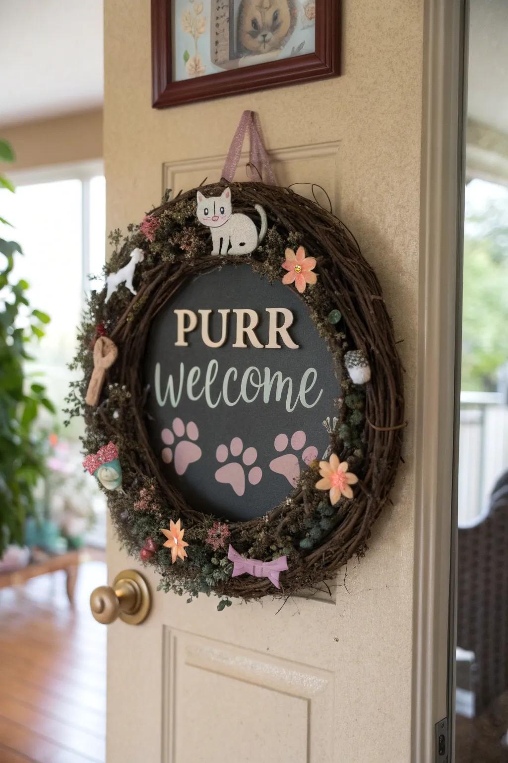 A customized linguistic feline wreath extending heartfelt greetings.