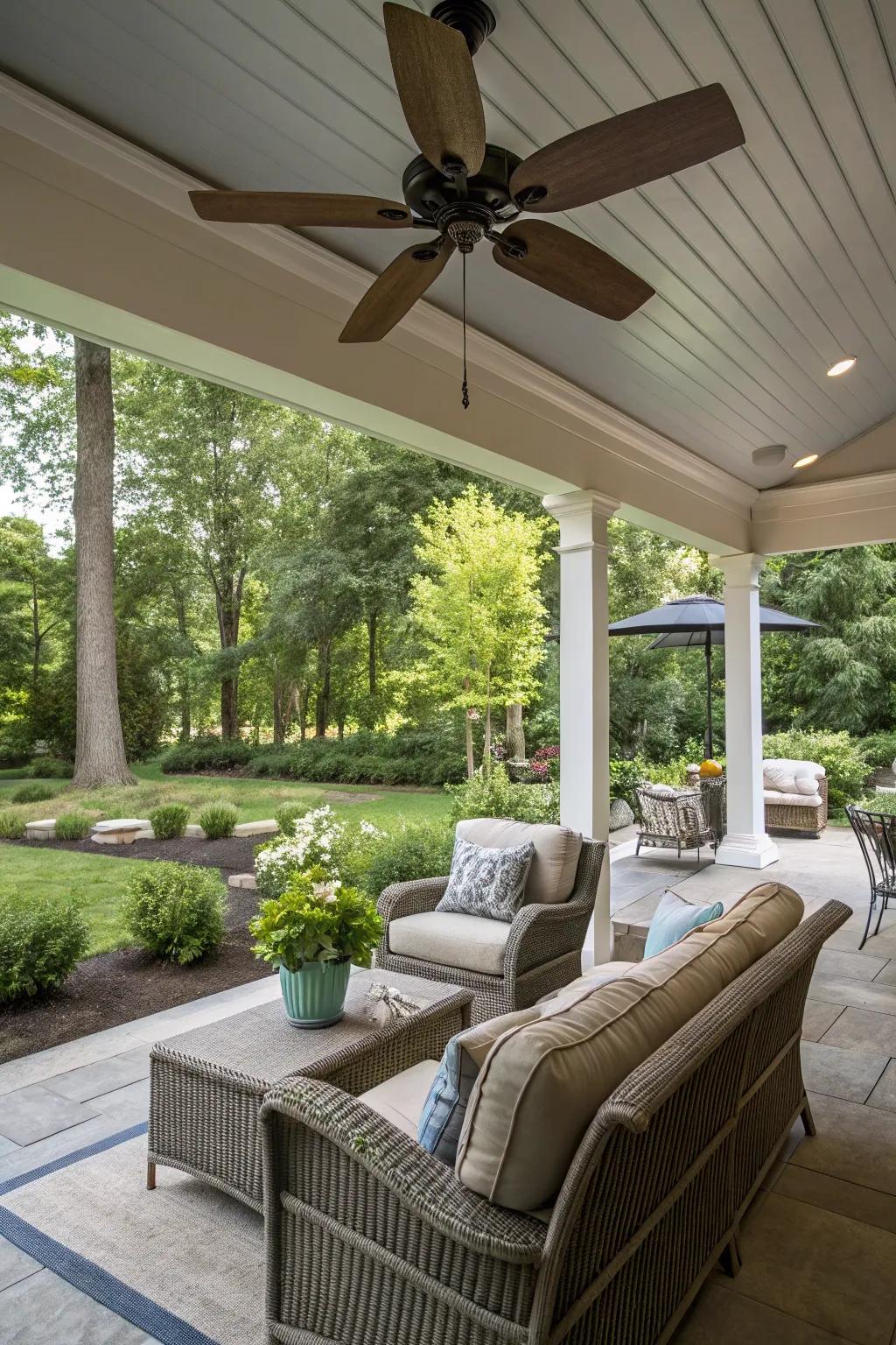 Design an outdoor retreat using a deck air circulator.