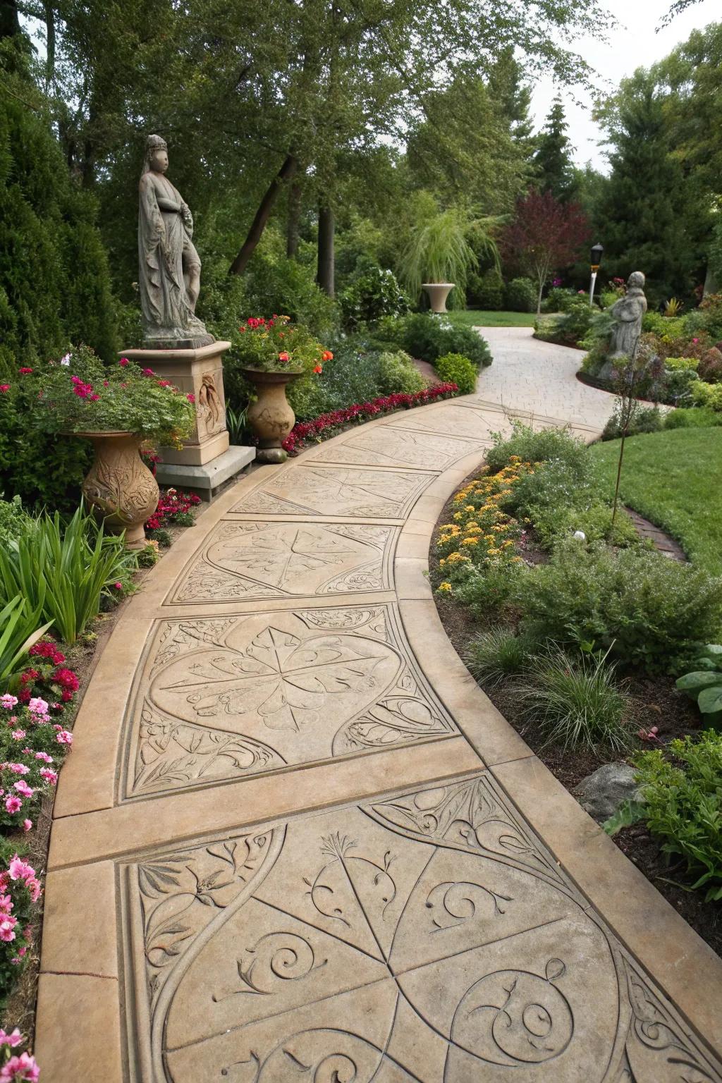 An artistic stamped concrete walkway elevates any outdoor space.