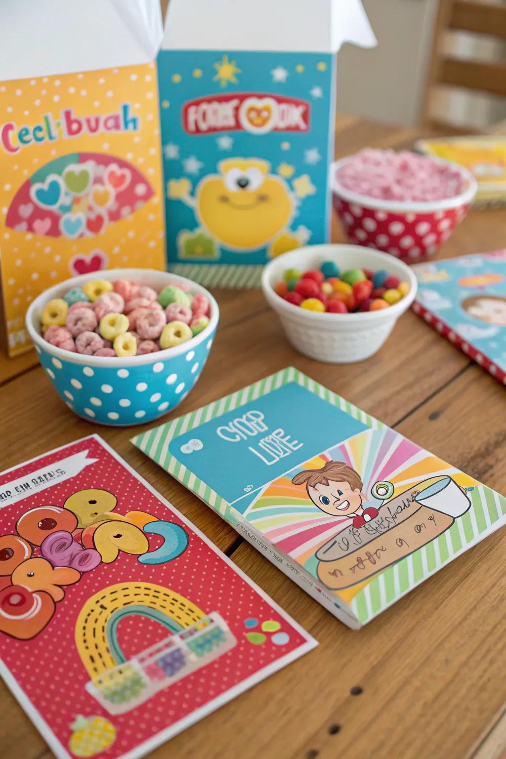 Grains-themed announcements with vibrant designs and playful motifs.