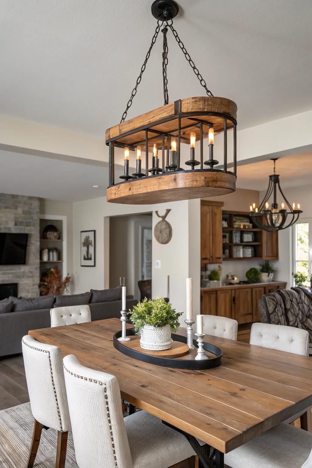 A chandelier of mixed materials adds texture and sophistication.
