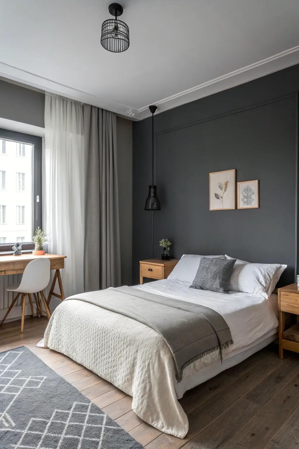 Pureness at its best in a deep slate-themed bedroom.