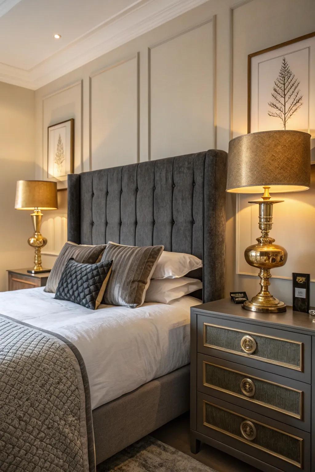 Gleaming details bring a dash of luxury to a grey-centered bedroom.