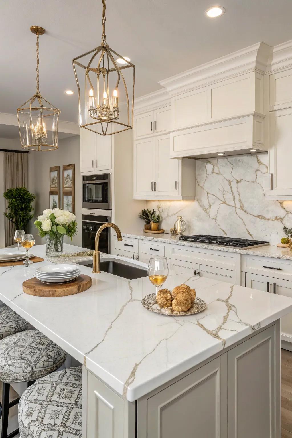 An elegant kitchen featuring quartz countertops that emulate natural stone.