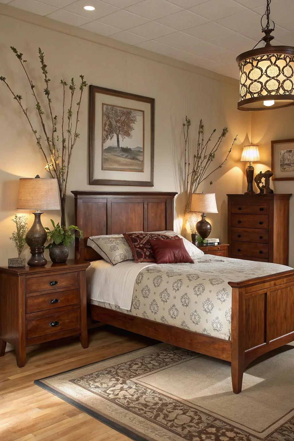 Carefully chosen decorations harmonize beautifully with mahogany bedroom furniture.
