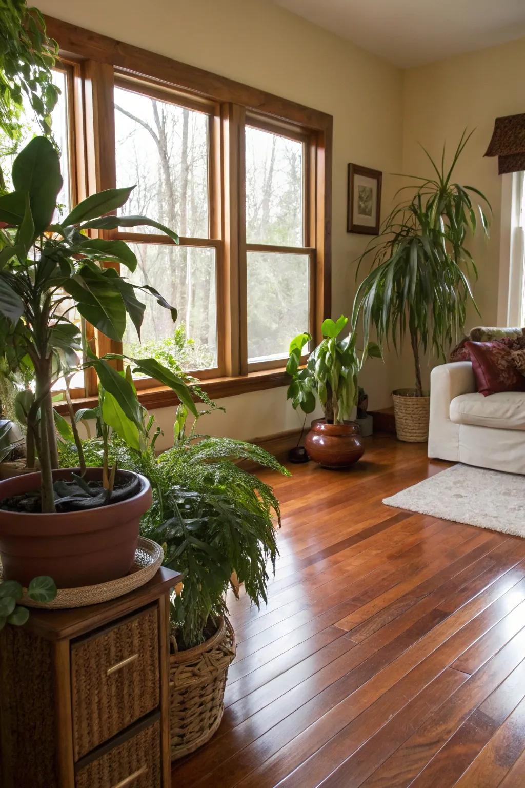 Greenery injects energy and life into rooms featuring floors made of red oak.