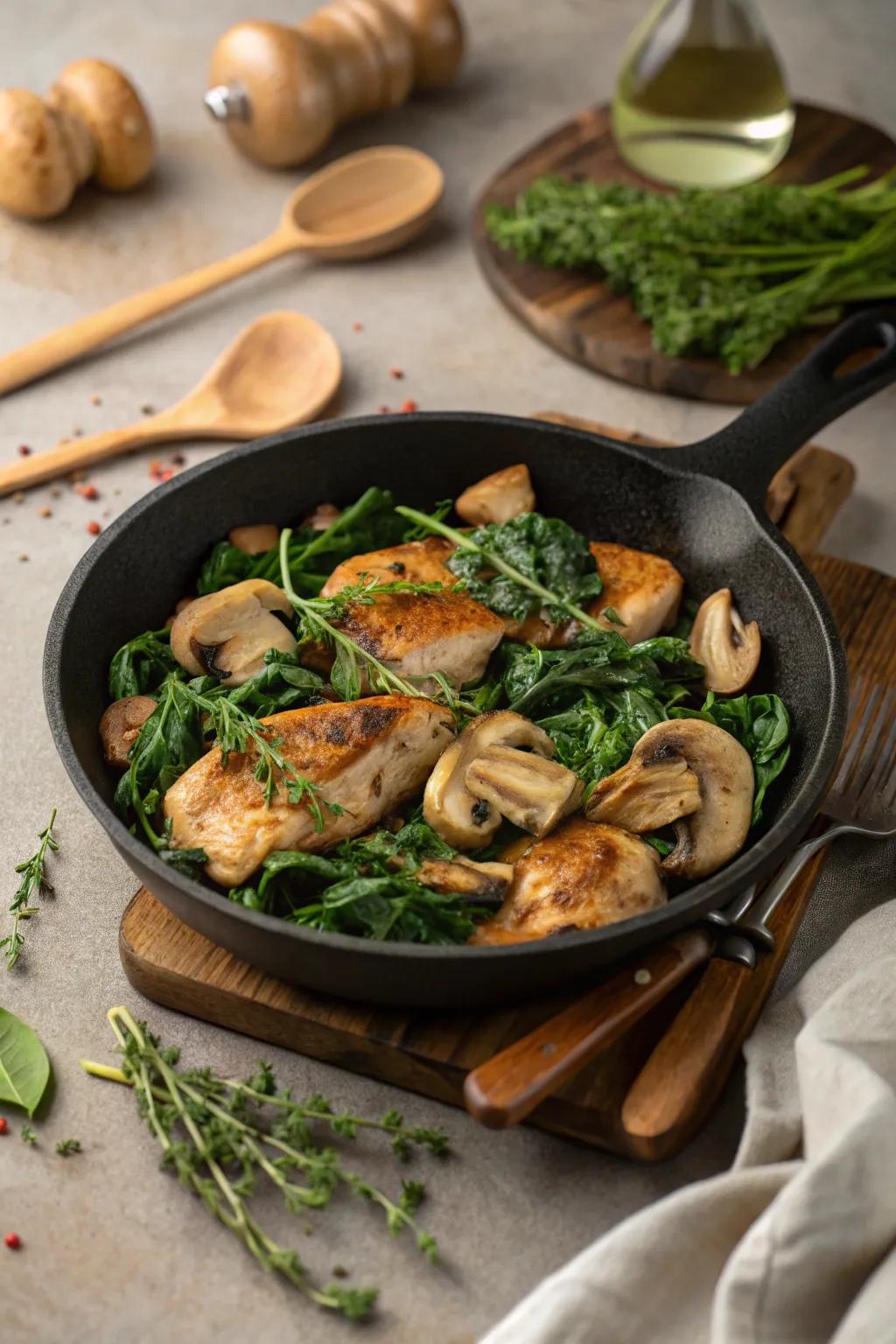 Chicken, spinach, and earthshroom skillet, a meal to warm your soul.