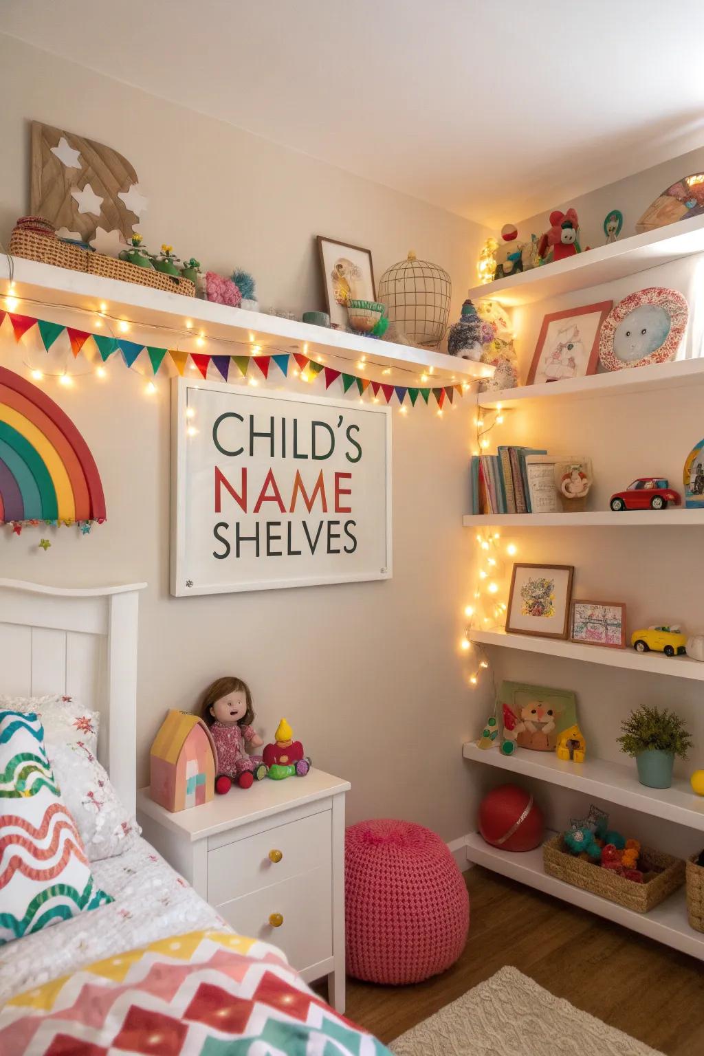 Moniker shelves give children's rooms a personal touch.