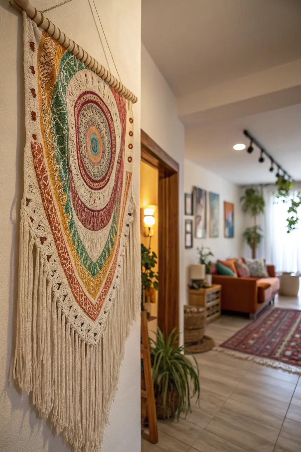A bohemian wall hanging adding color and texture to the space.