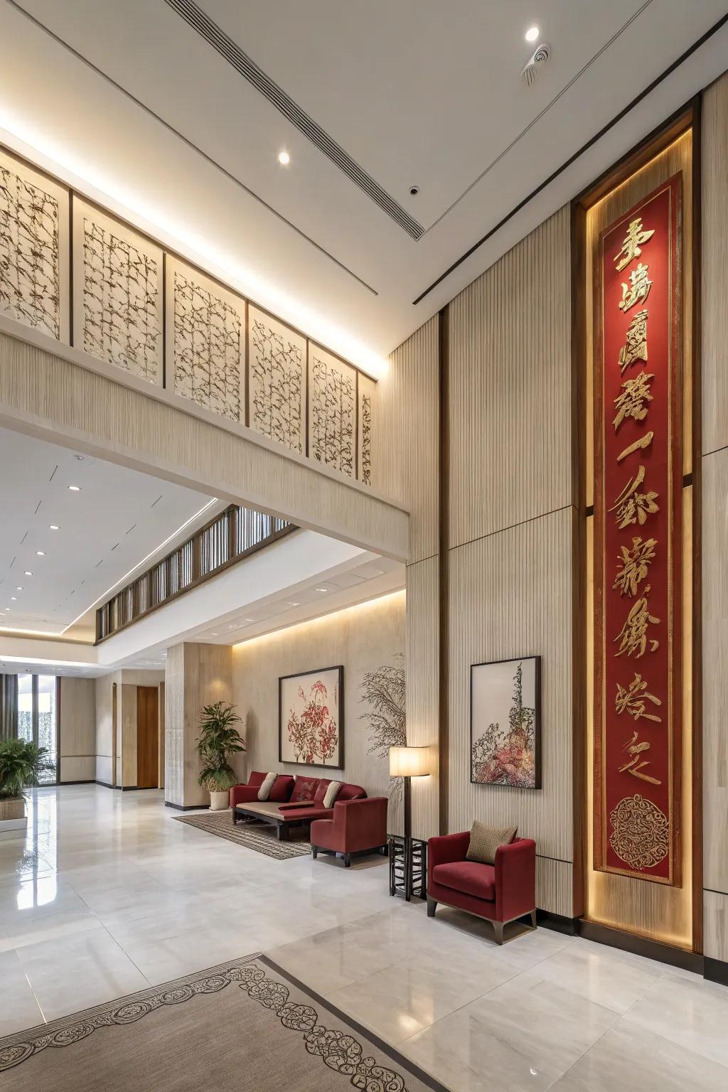 A minimalist entrance hall design mixing modern and classic Asian aspects.