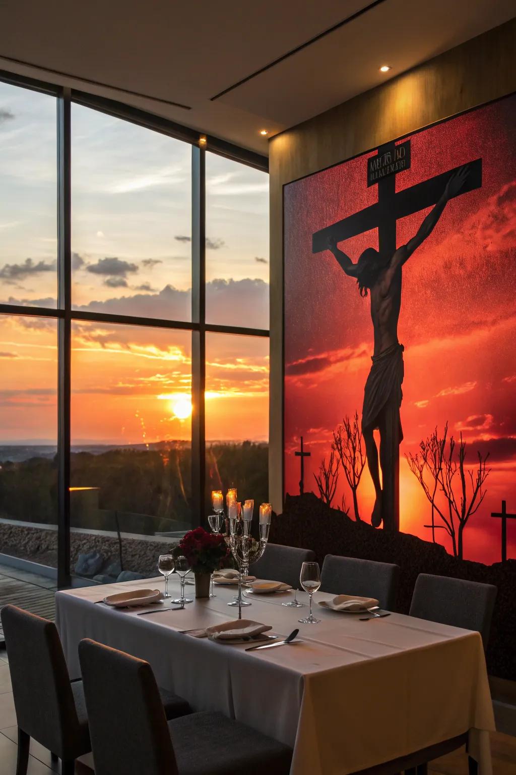 Crucifixion silhouette artistry establishes a striking and thoughtful environment.
