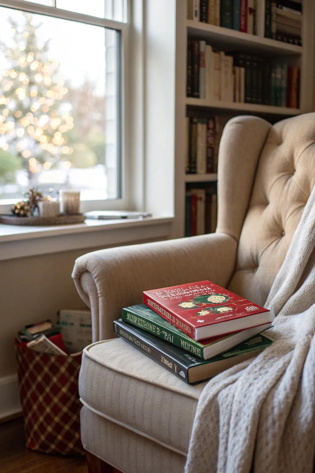 A cozy nook designed for relaxed reading during the holidays.