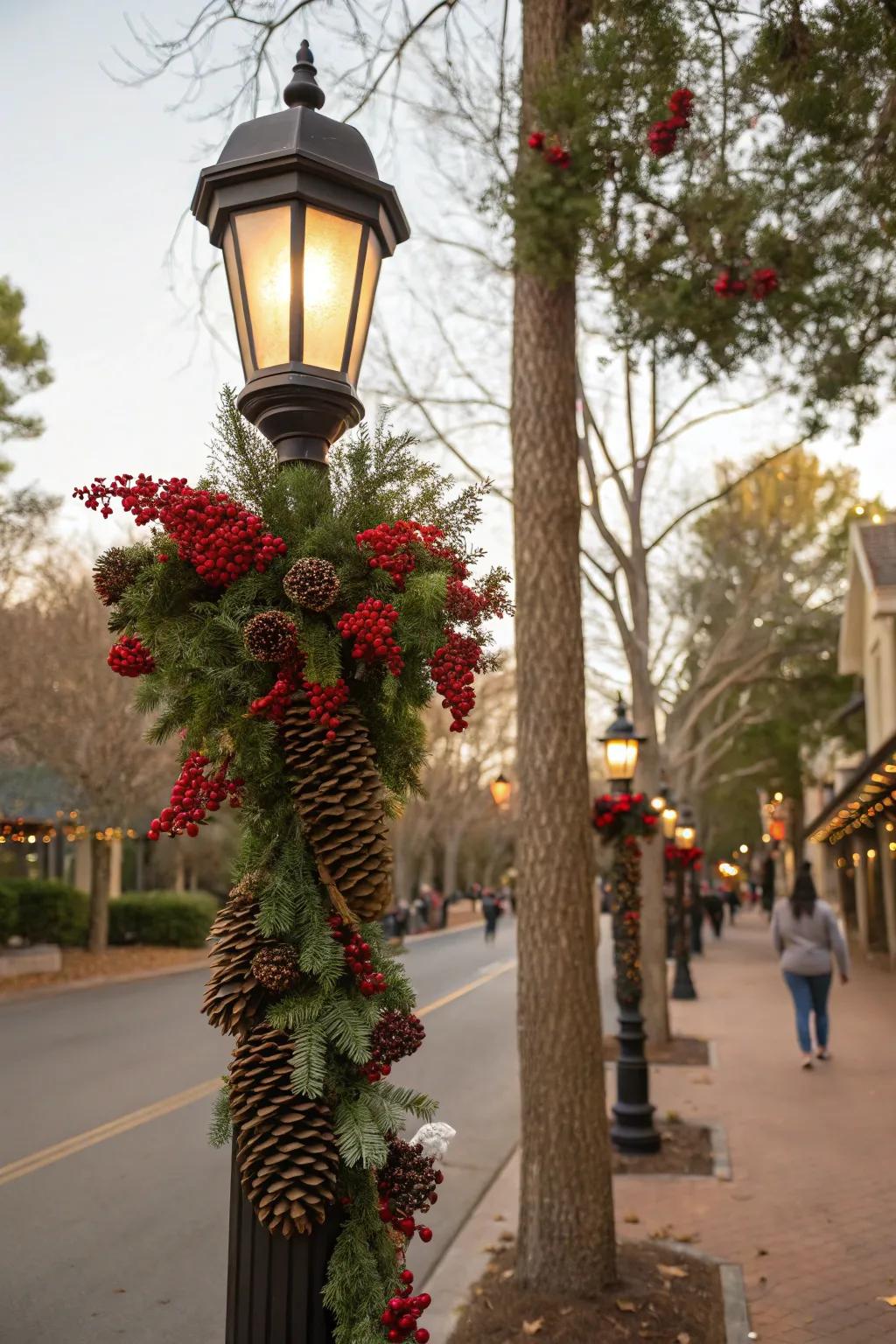 Floral touches enhance the festive allure of a lamp post decoration.