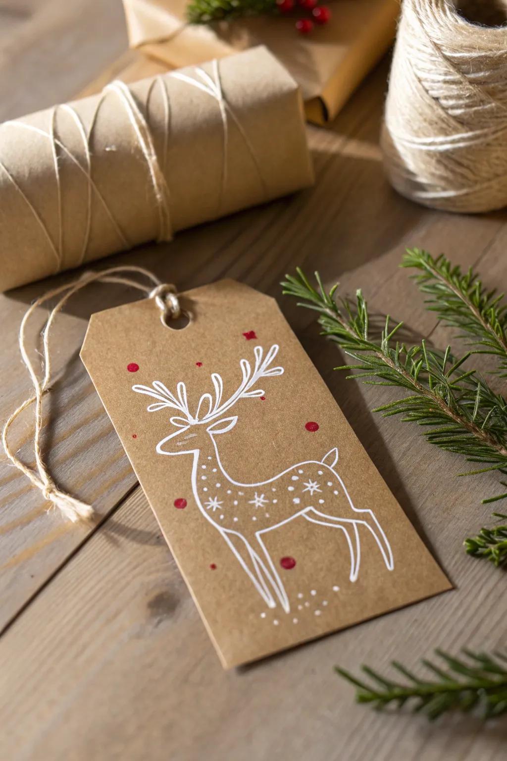 Add a whimsical touch to your gifts using these charming reindeer tags, ideal for a minimalist holiday theme.