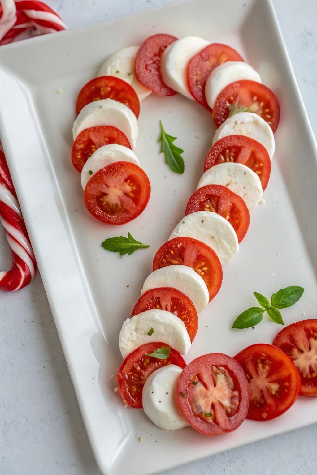A savory candy cane made from mozzarella and tomato slices.