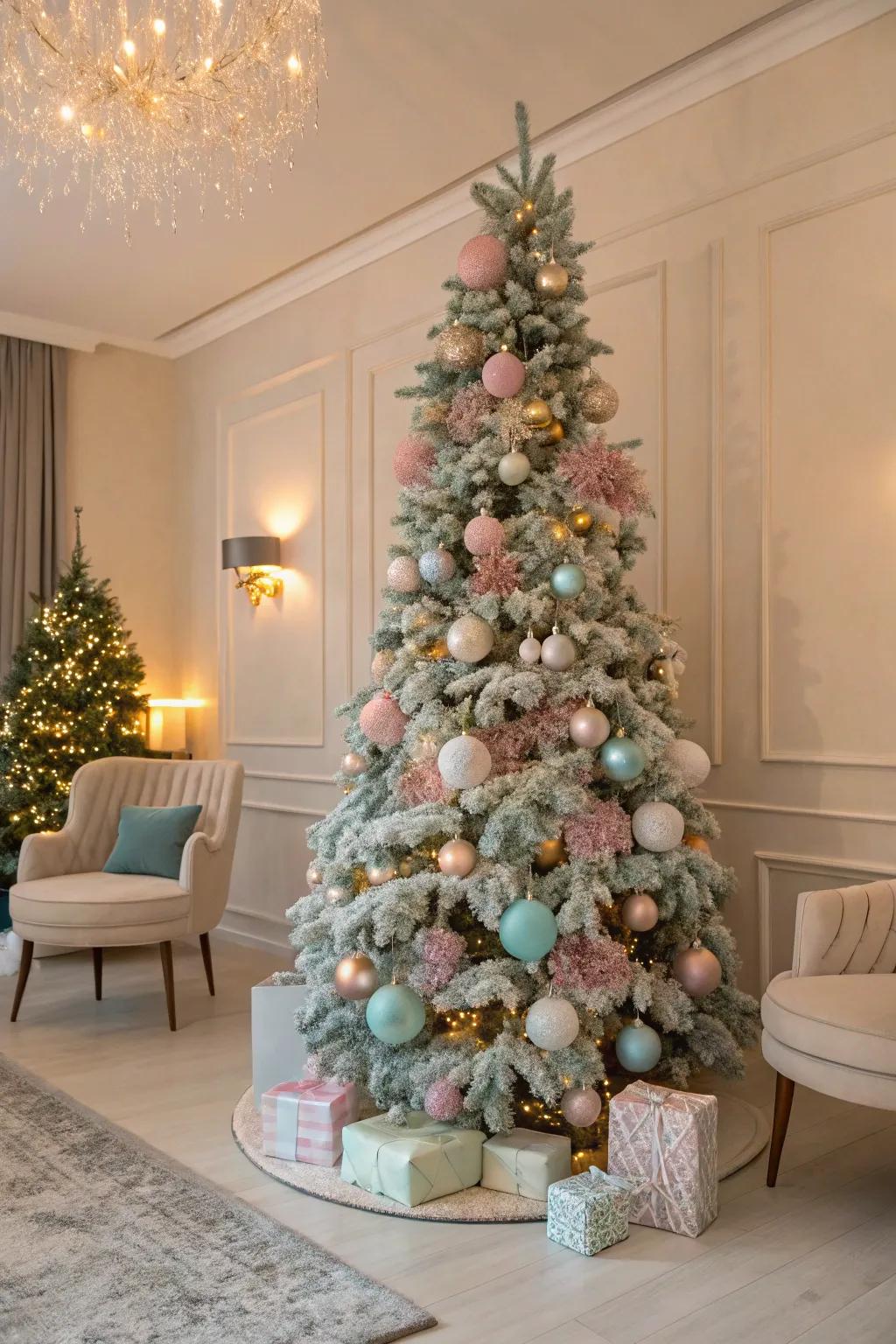 Pastel hues compose a gentle and refined Christmas tree theme.