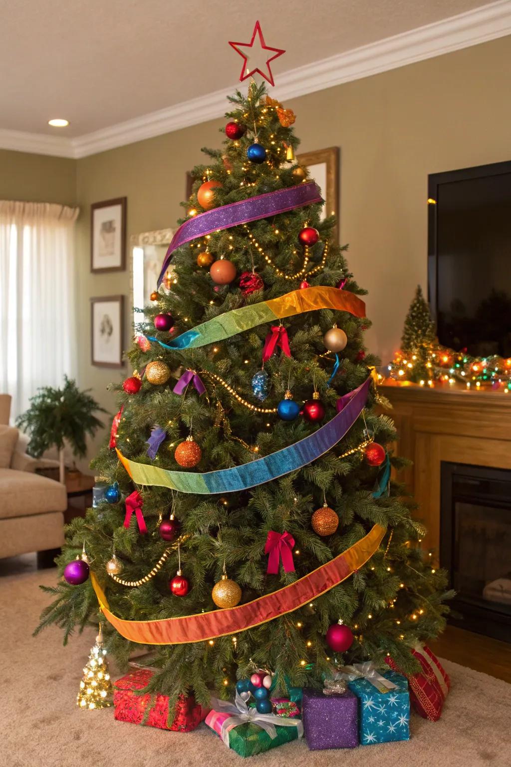 A Christmas tree with colorful ribbons and ornaments, creating a playful and vibrant ambiance.