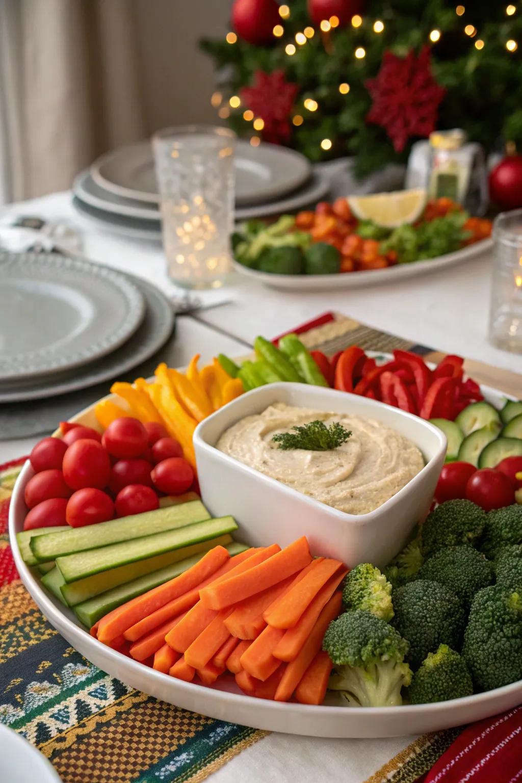 A veggie tray featuring a dip centerpiece, inviting guests to graze and enjoy.