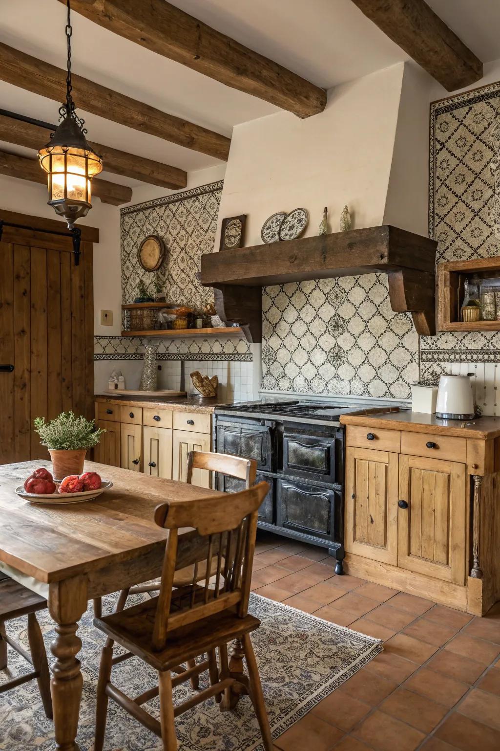 Cottagecore elements add warmth to this traditional kitchen design.
