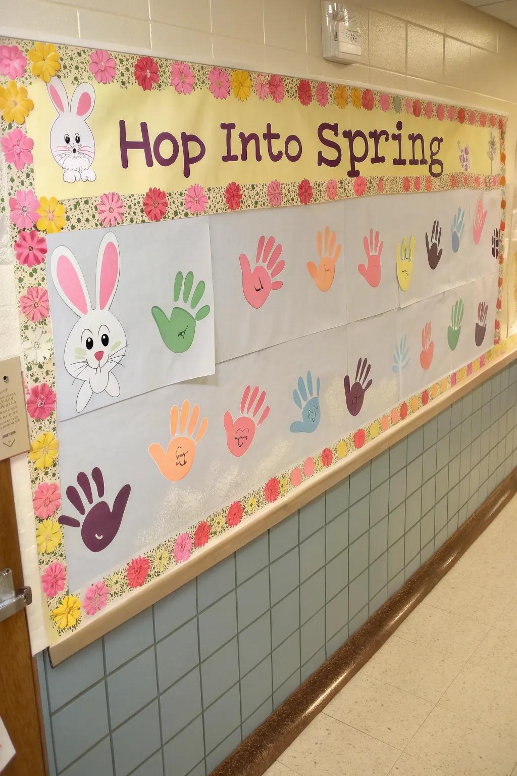A lighthearted bulletin board showcasing handprint bunnies, heralding springtime.