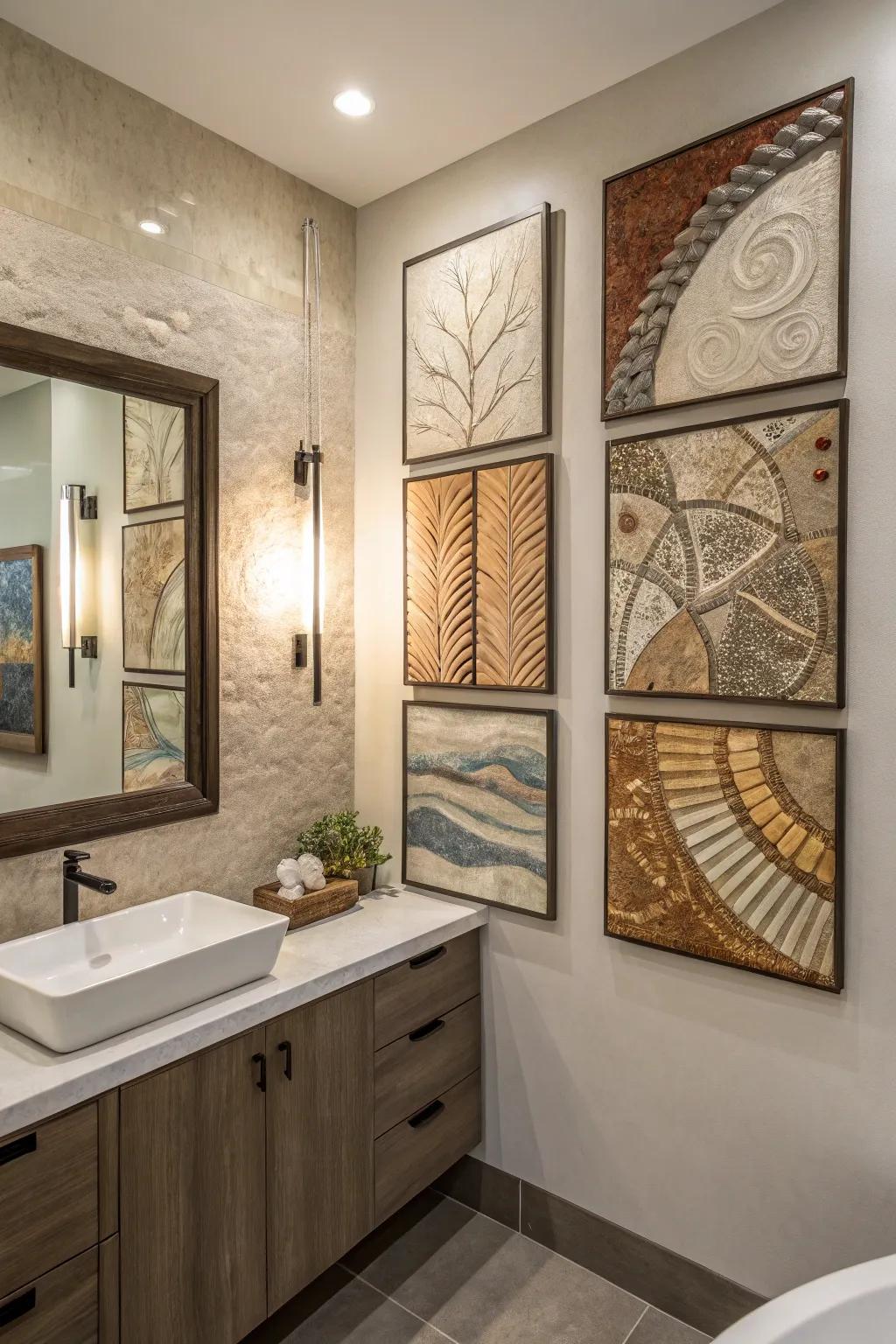 A bathroom showing mixed media art that gives texture and visual interest.