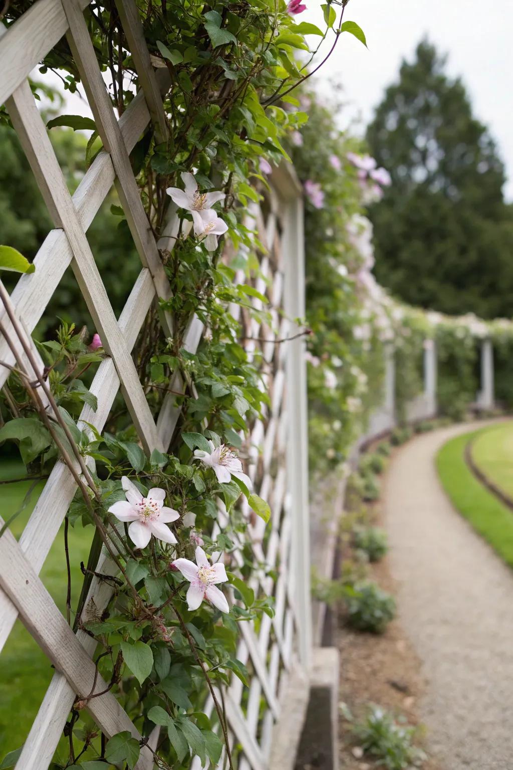 Shaped clematis spawn elaborate designs on a framework structure.