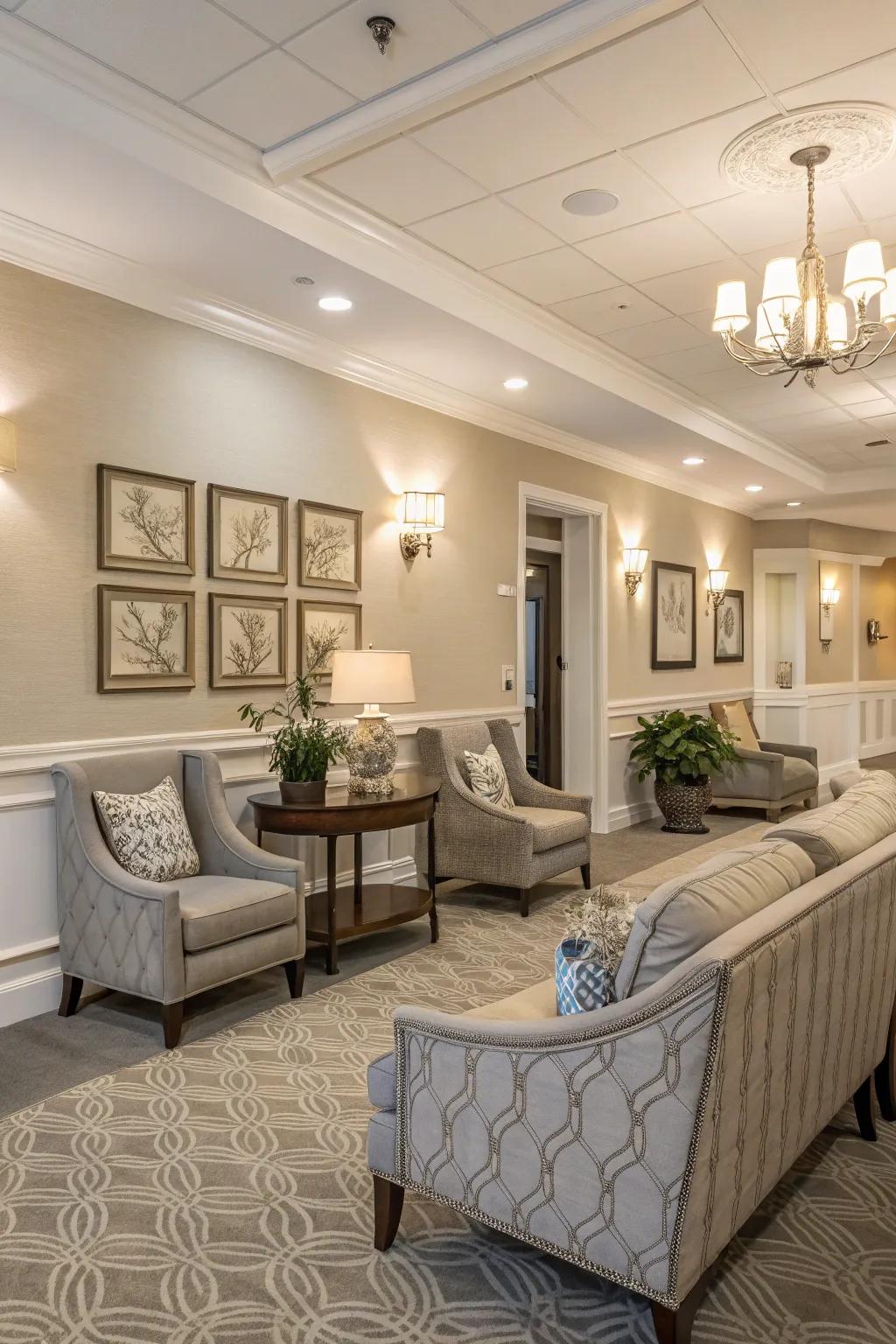 Subdued color scheme delivering a calming backdrop inside a clubhouse.