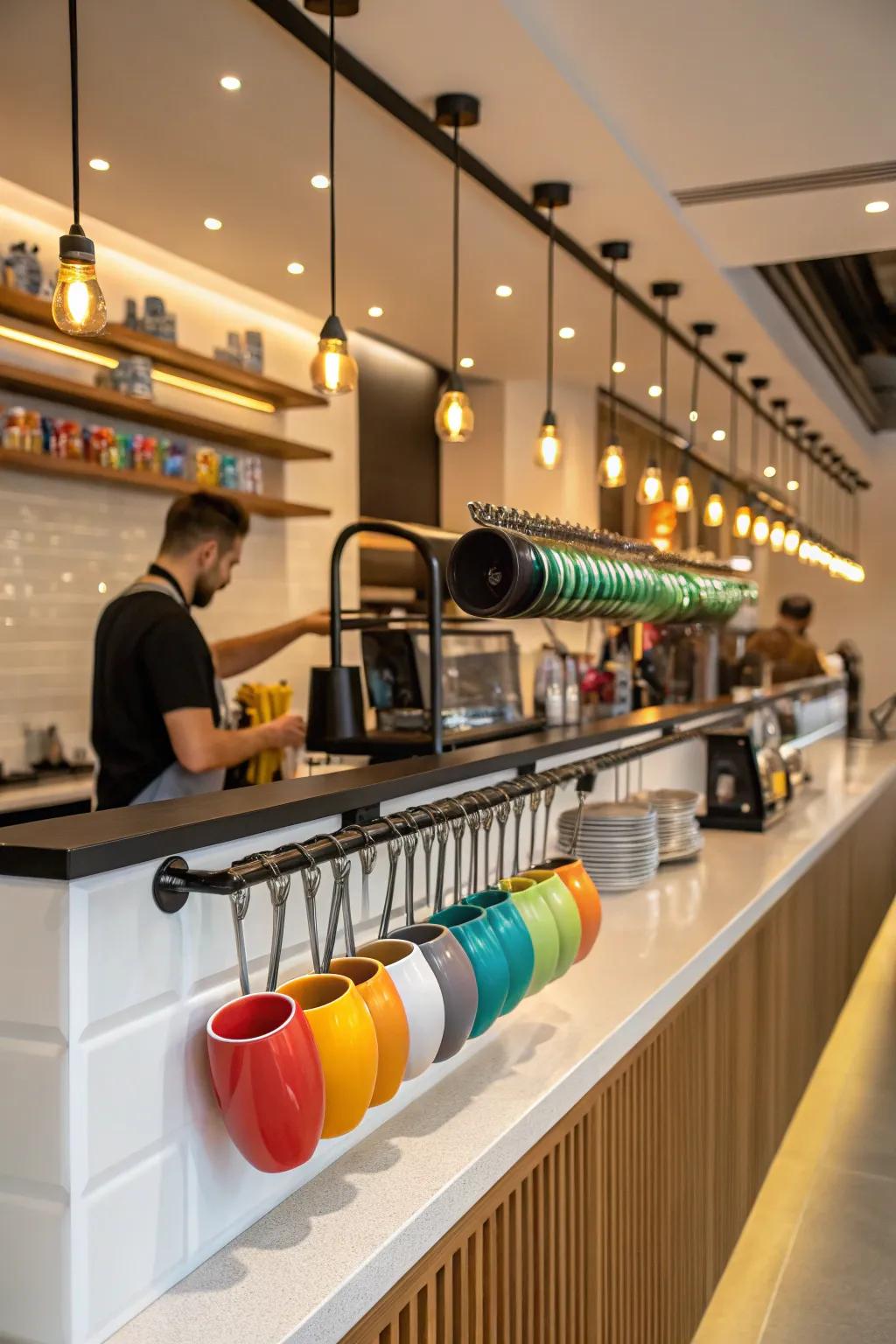 A rail system for an arranged coffee bar.