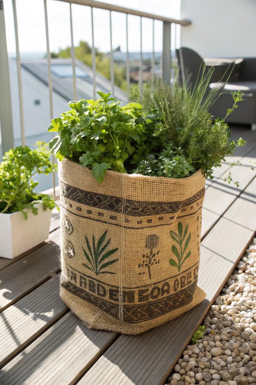 Turn grain sacks into charming plant pots for a touch of cozy elegance.