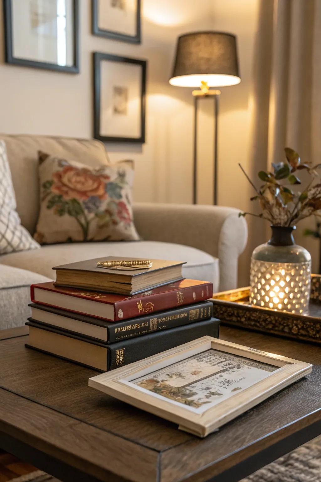 Integrate books with artistry to fashion a mini-gallery on your table.