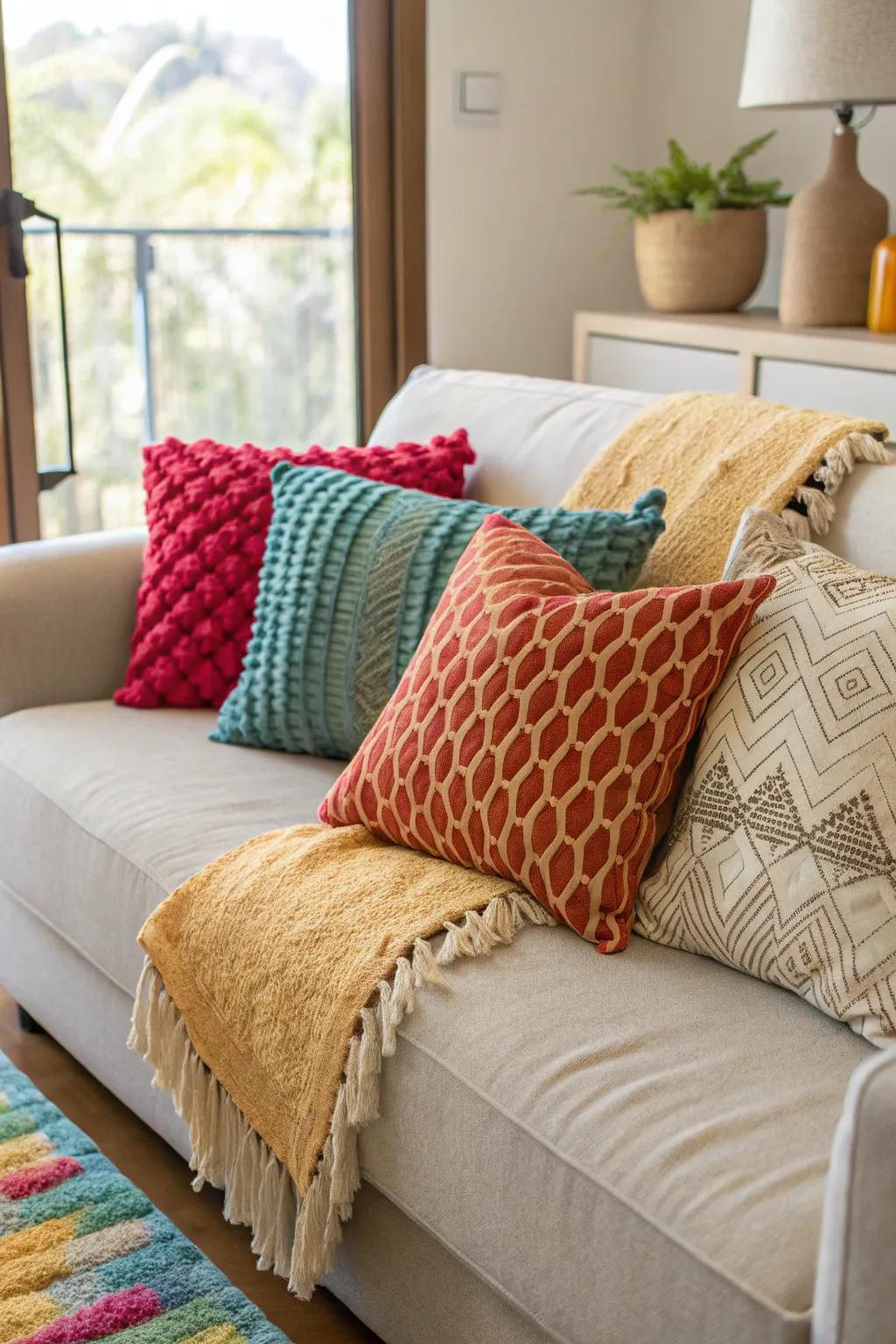 A collection of colorful and textured accent pillows on a modern couch.