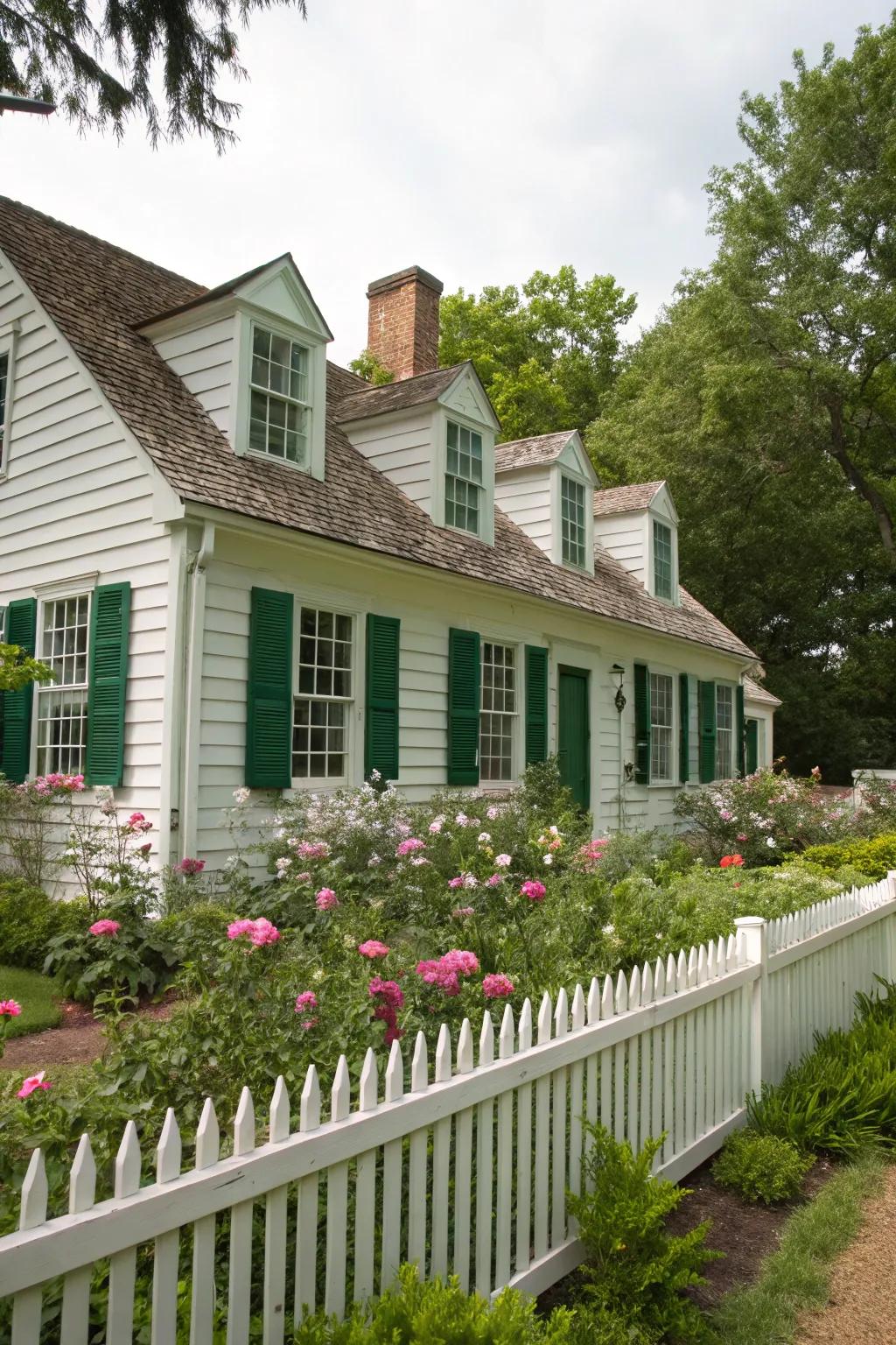 Colonial house featuring appealing dormer windows.