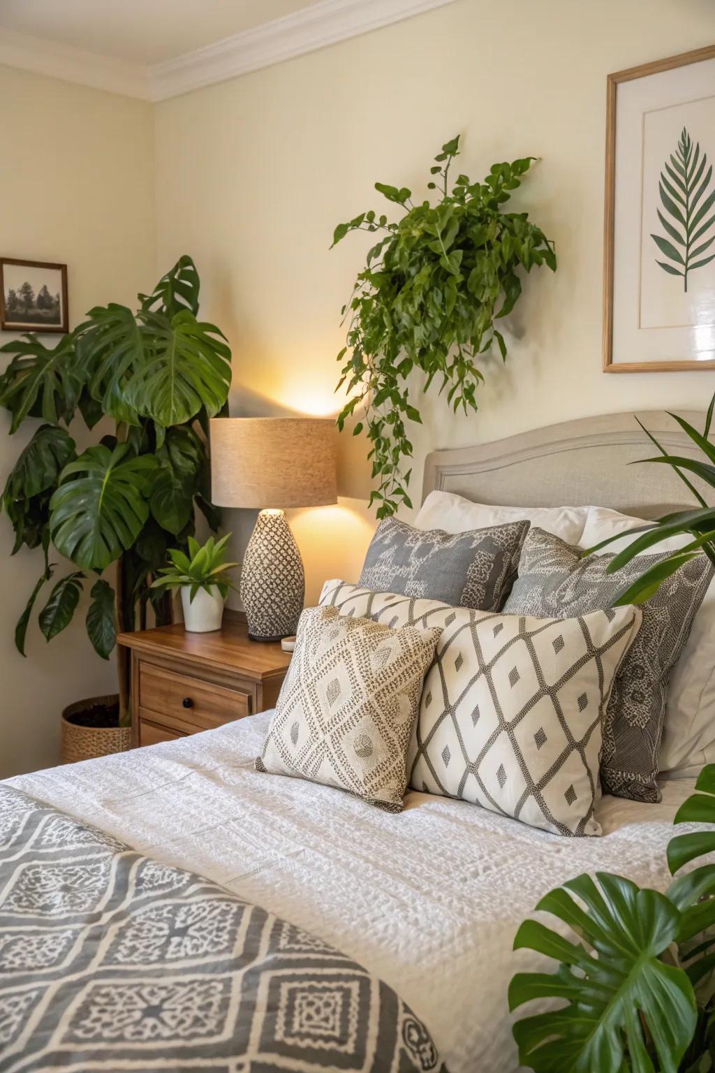 Lush plants and patterned cushions bring texture to this color-immersed bedroom.