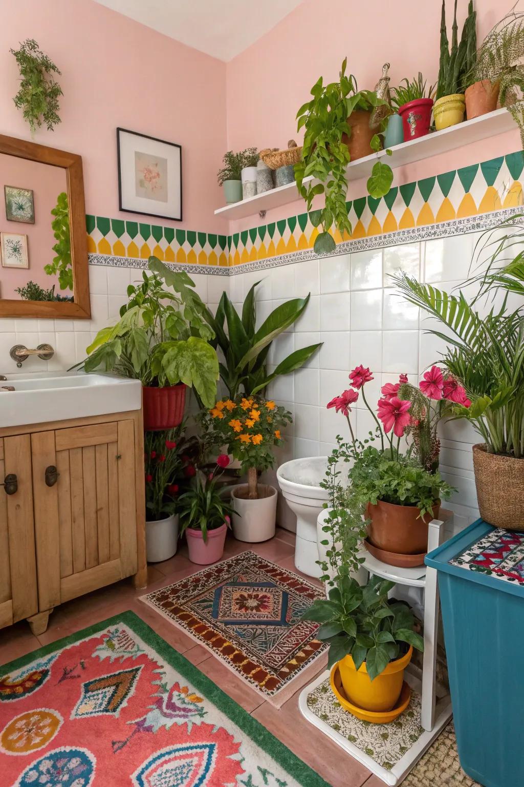 Vibrant plants inject an organic accent into this multi-colored guest bathroom.
