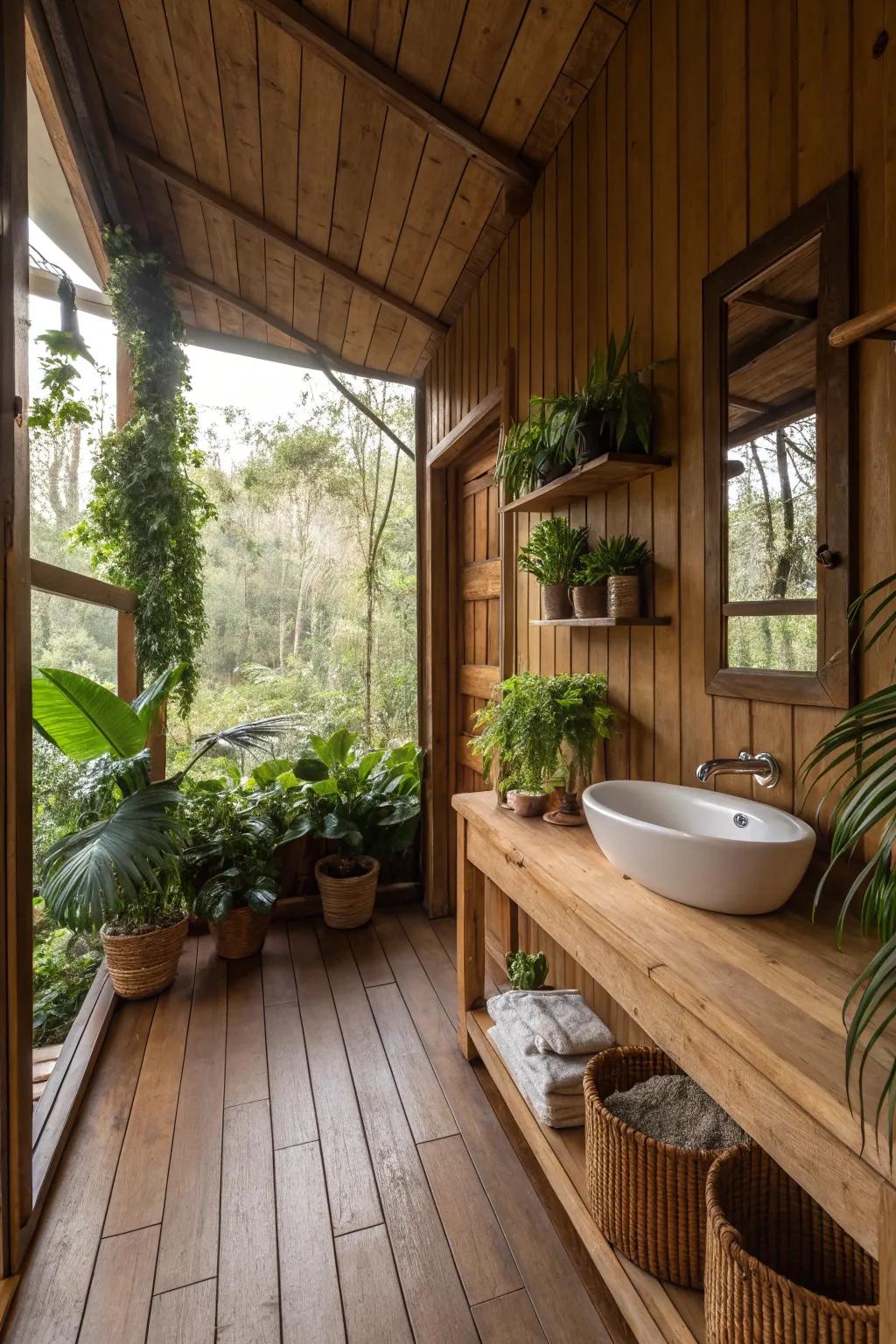 Bathroom featuring organic accents like wood and greenery.