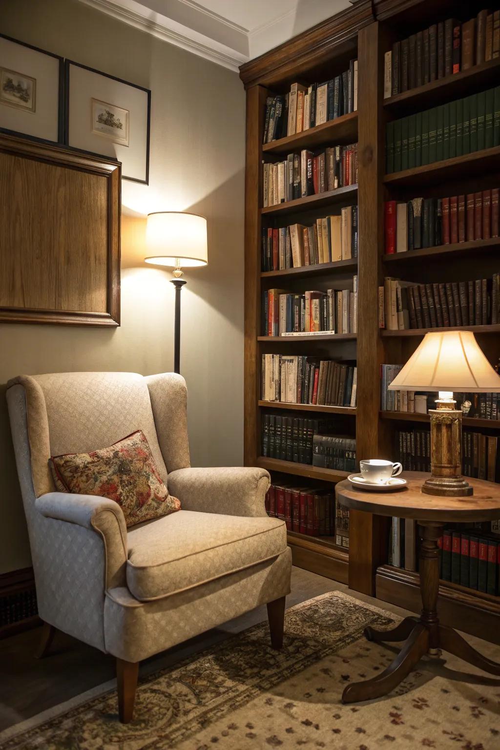 A reading nook provides a tranquil hideaway.