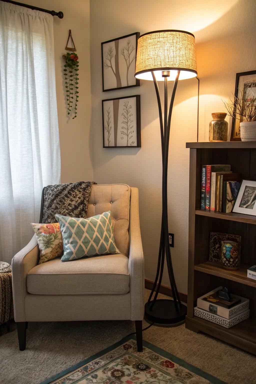 A standing lamp offers light and character, turning the corner into a cozy haven.