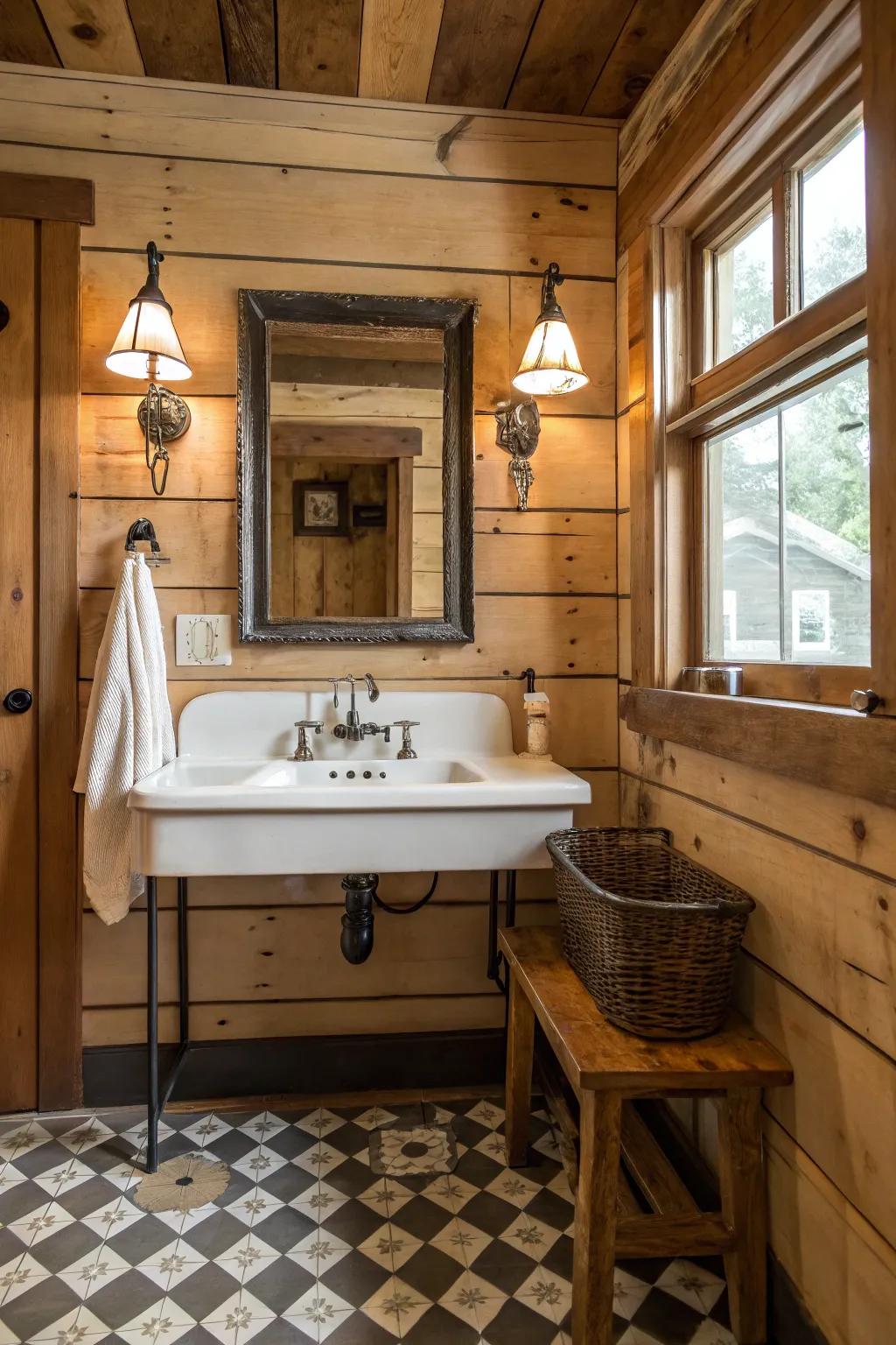 Farmhouse sinks and vintage fixtures enhance the country allure.
