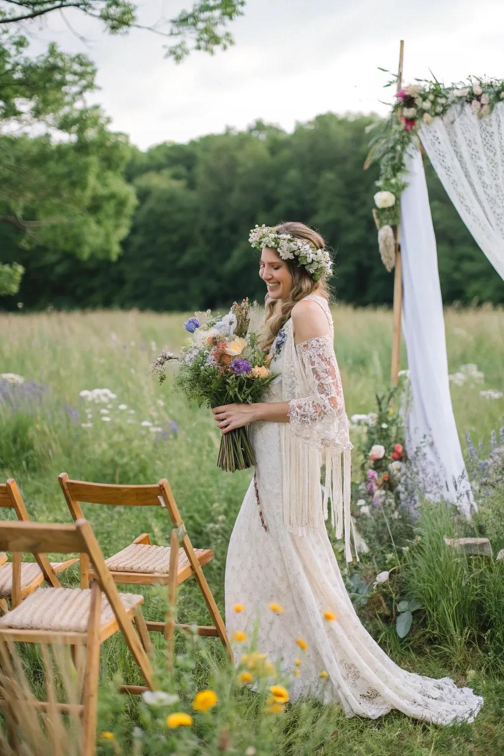 Bohemian touches inject a free-spirited flair to a nuptial.