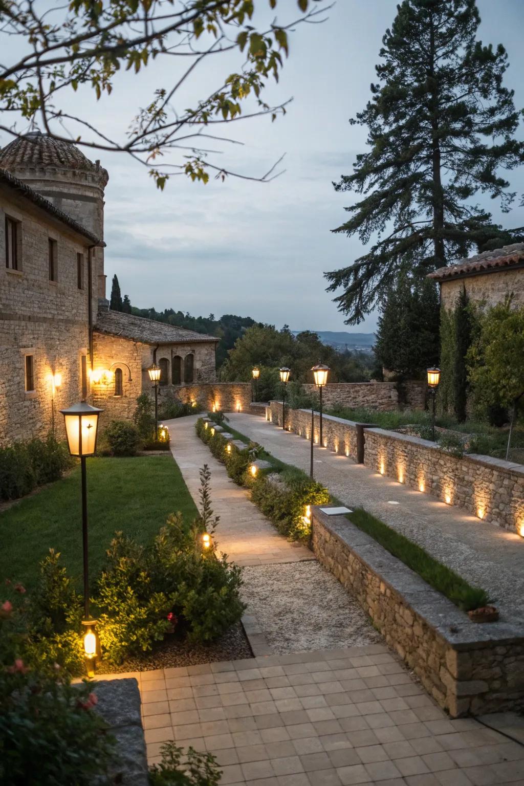 Path illuminators direct guests through a beautifully organized patio.