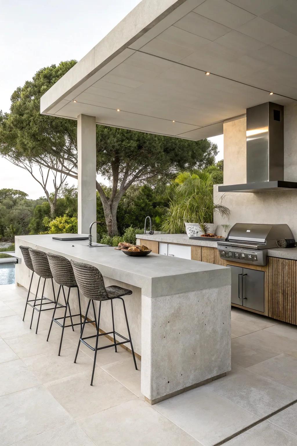 A minimalist concrete design for a stylish and modern outdoor cooking area.
