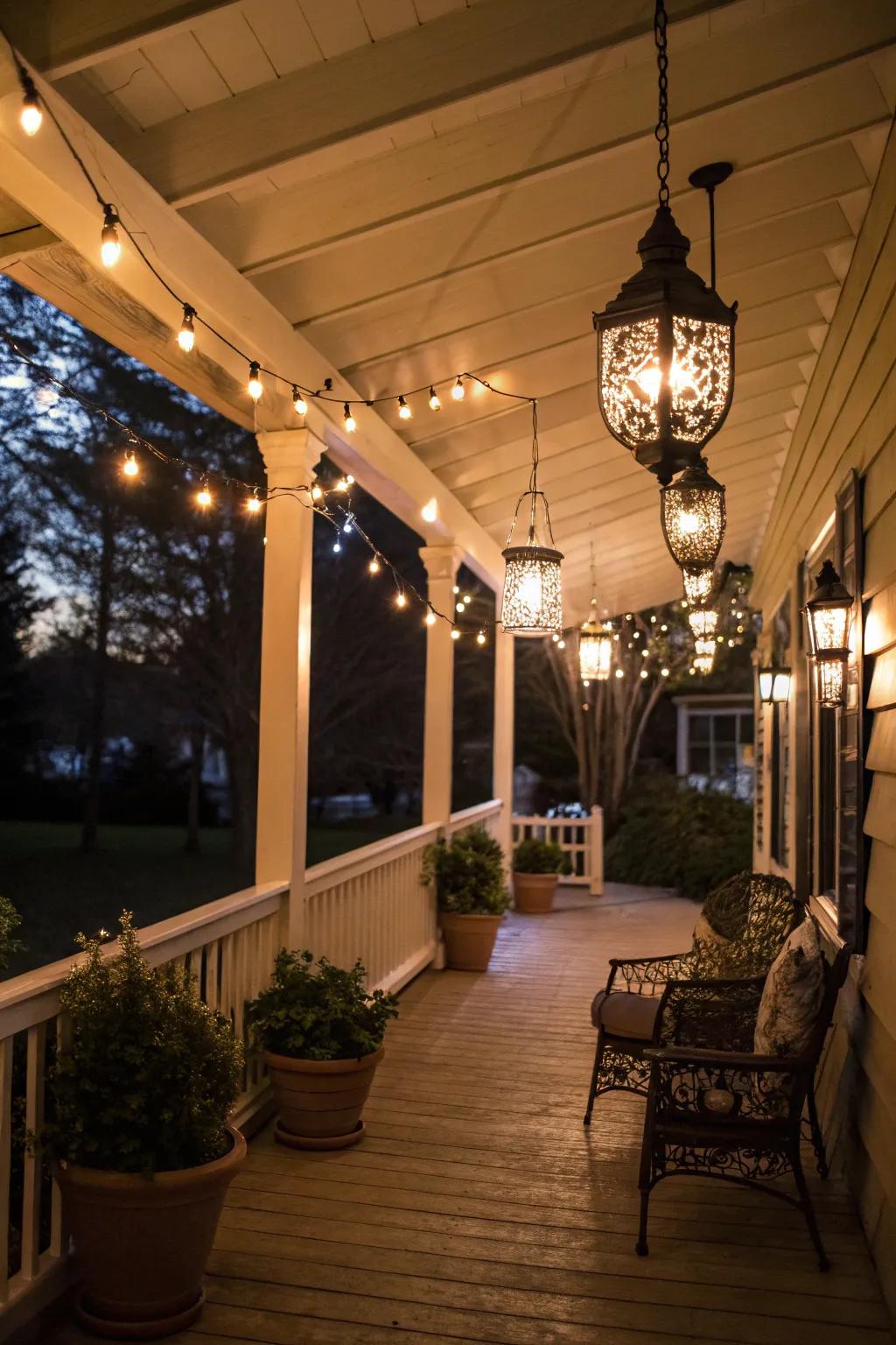 Fancy illumination transforms the porch into a nighttime retreat.