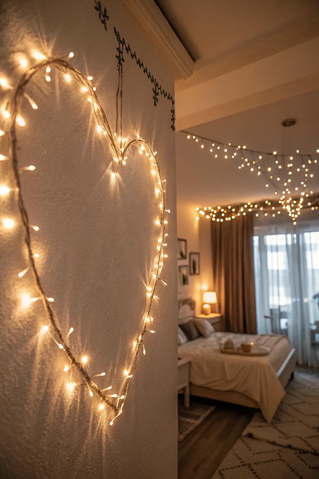 Fairy lights arranged in a heart shape on a bedroom wall.