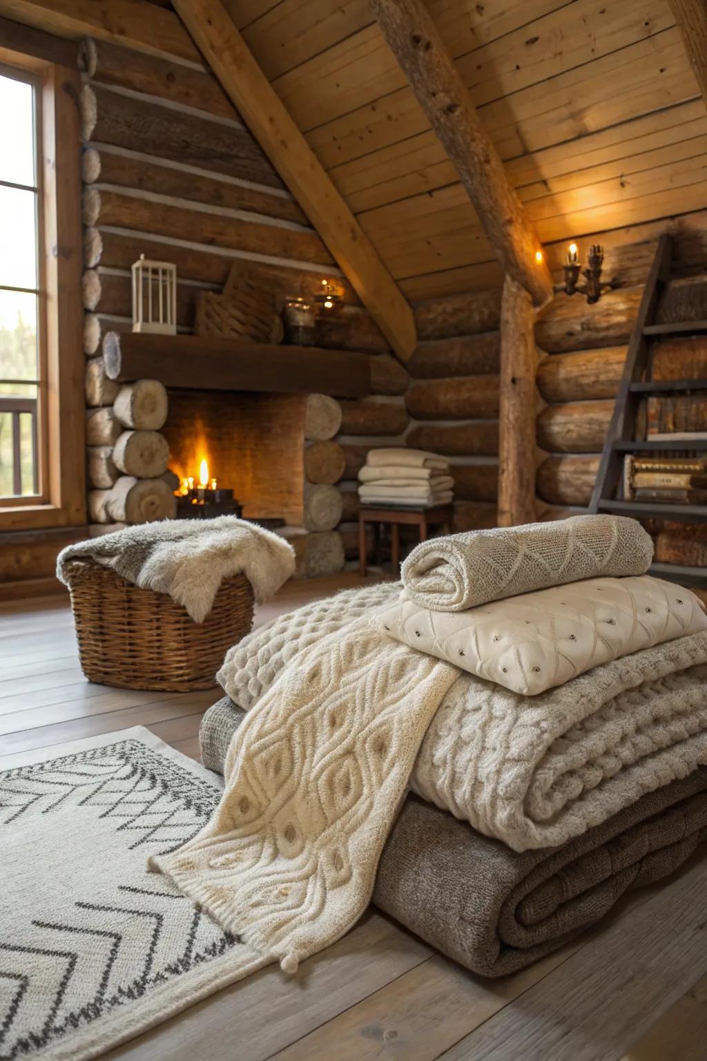 Layered textures add depth and warmth to the cabin's interior design, creating a tactile and visually appealing space.